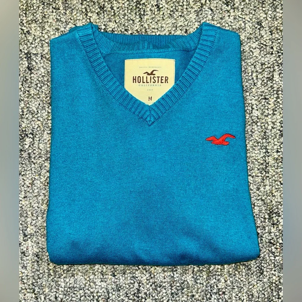 Hollister Men's V-Neck Sweater Size Medium Lightweight Teal w Seagull Icon
